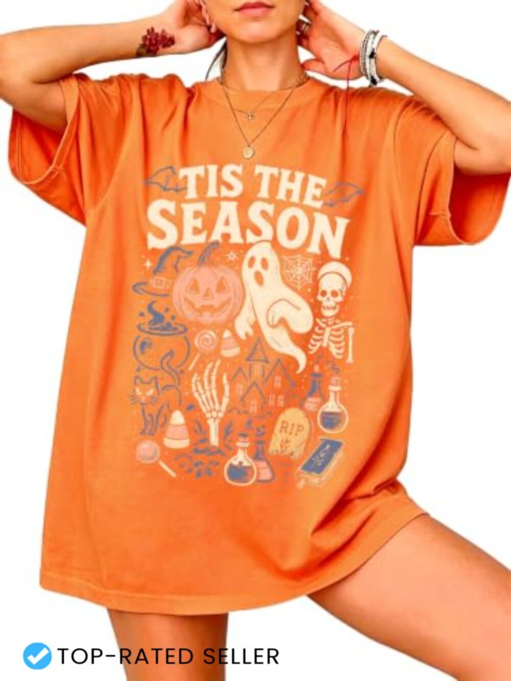 Oversized Halloween Graphic Tee for Women Spooky Season Pumpkin Ghost Fall